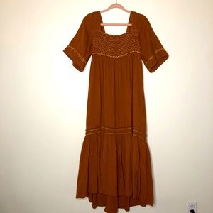 Free People 100% Cotton Maxi Dress Burnt Orange with Tassel Tie in Back Size S